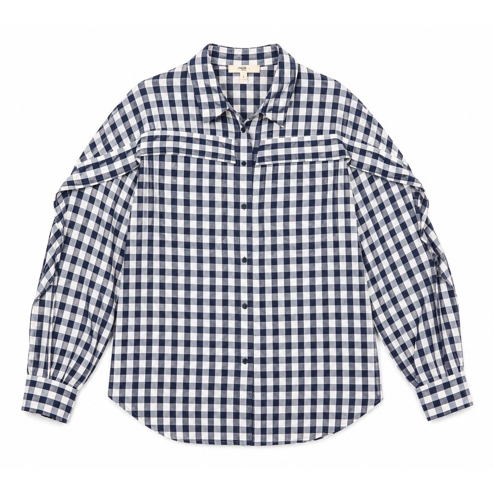 Maje‎ Paris Shirt 2 M Navy Gingham French Girl Quiet Luxury Preppy Cottagecore